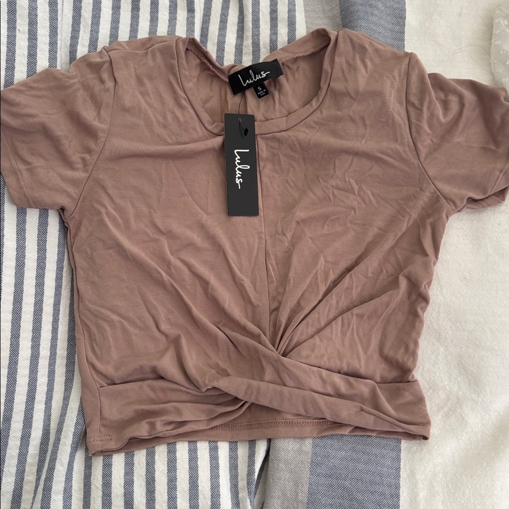 Lulu's beige front twist crop top